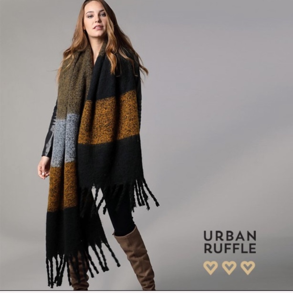 EUC Color Block Scarf with Braided Tassels